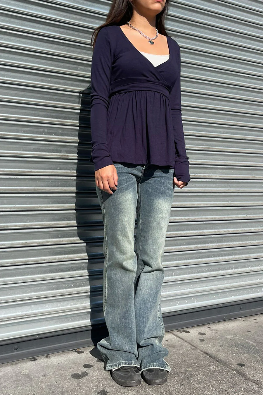 2000s Surplice Baby Doll Long Sleeve Top with Waist Self Tie - Image 5