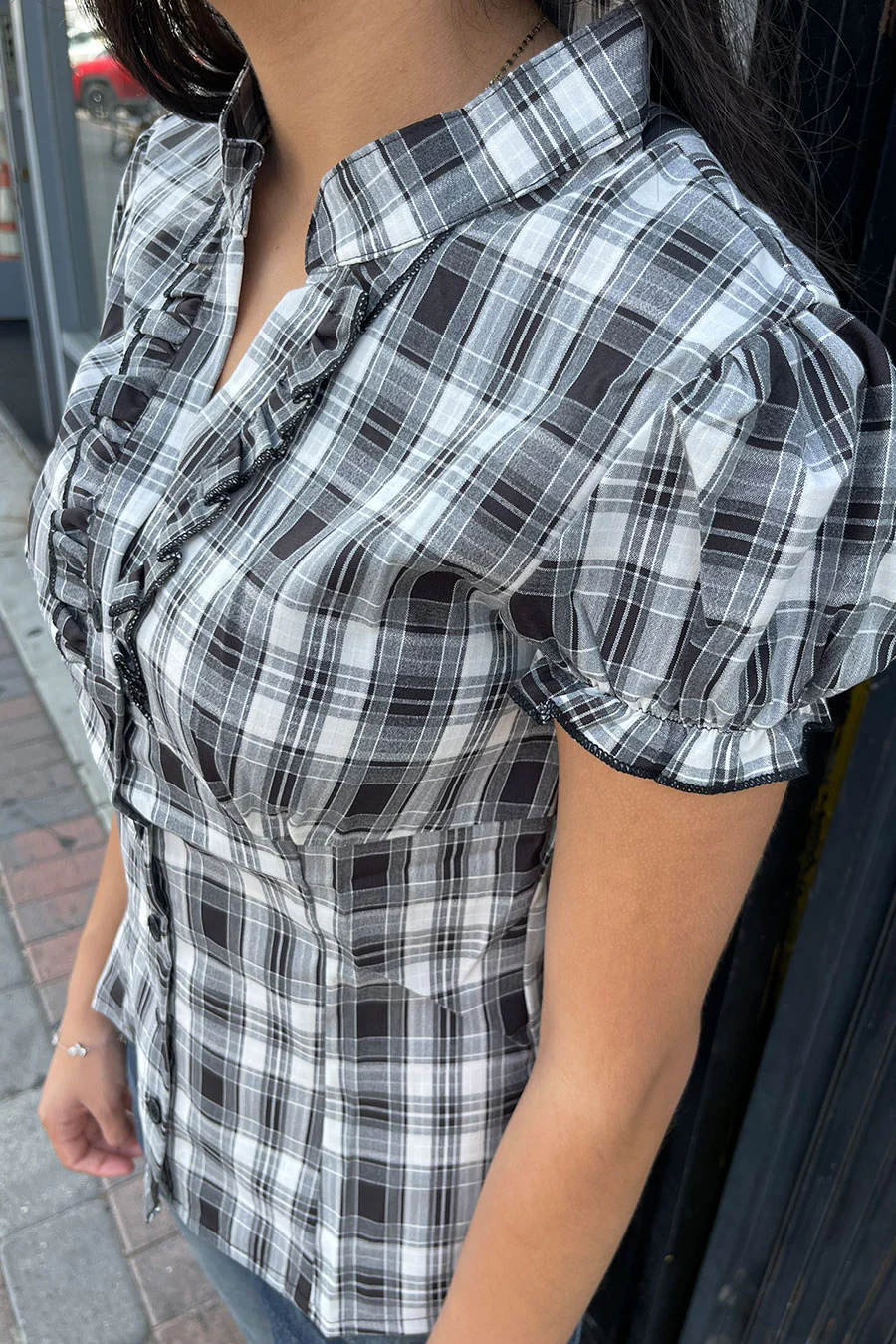 2000s Vintage Checkered V-Neck Short Sleeve Shirt - Image 2