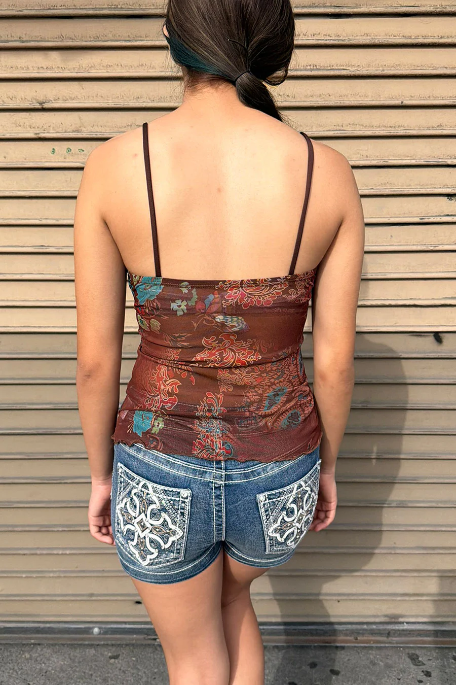 2000s Vintage Floral Mesh Print Sweetheart Neck Cami Top - Image 4