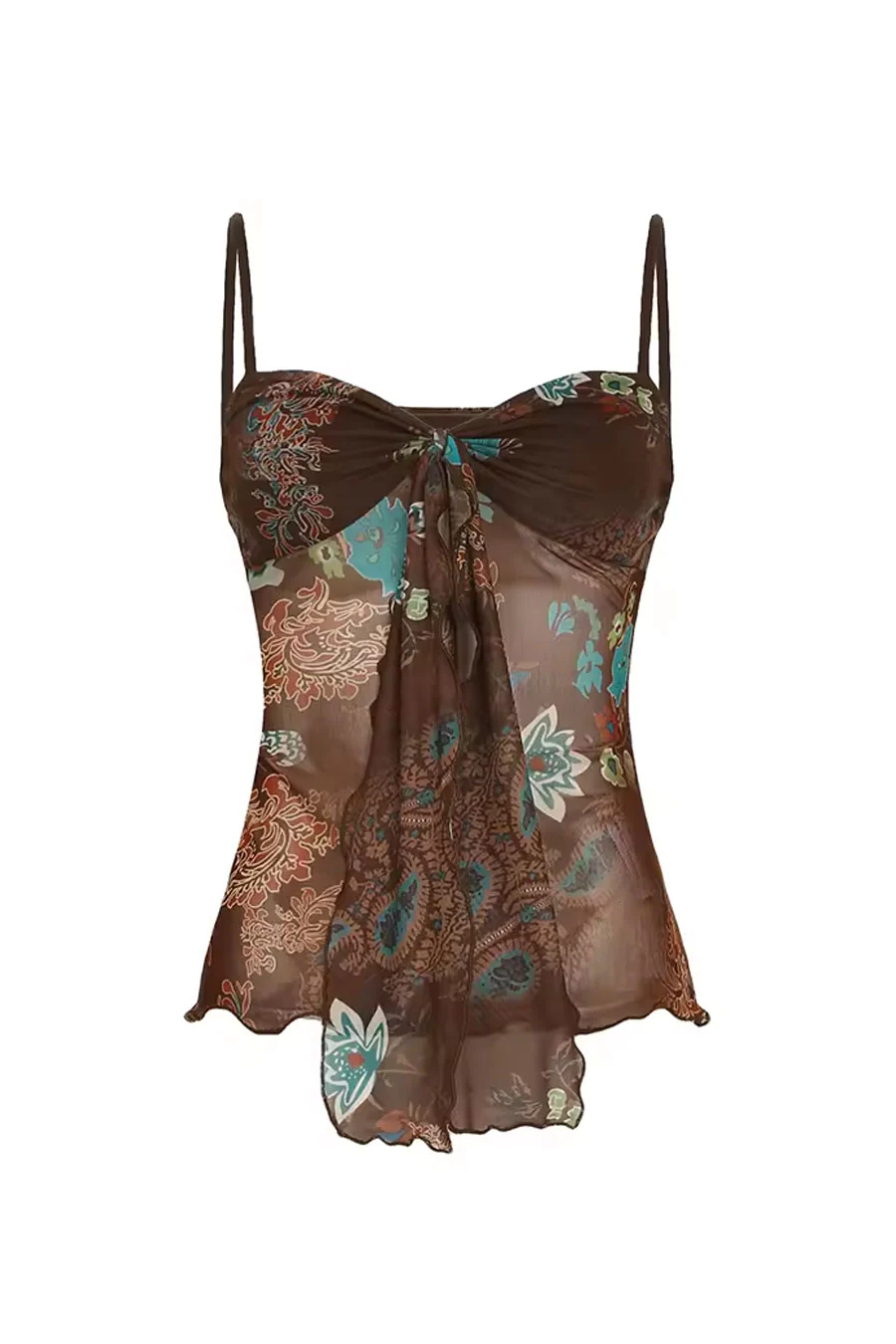 2000s Vintage Floral Mesh Print Sweetheart Neck Cami Top - Image 5