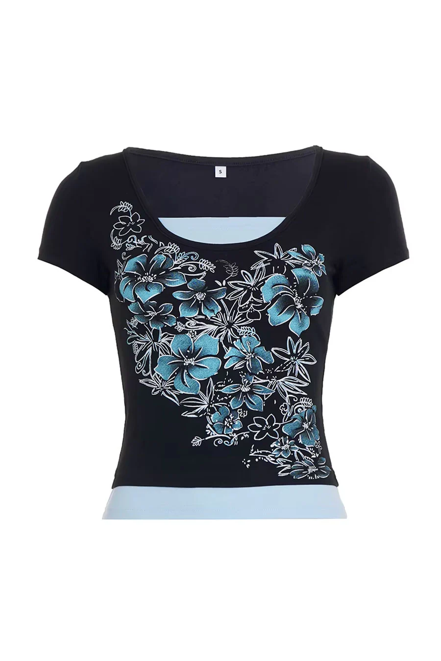 2000s Vintage Floral Print Contrast Faux-Layered Scoop Neck Short Sleeve Top - Image 5