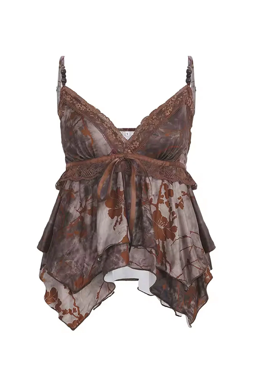 2000s Vintage Floral Print Lace-Trimmed V-Neck Flowy Cami Top - Image 4