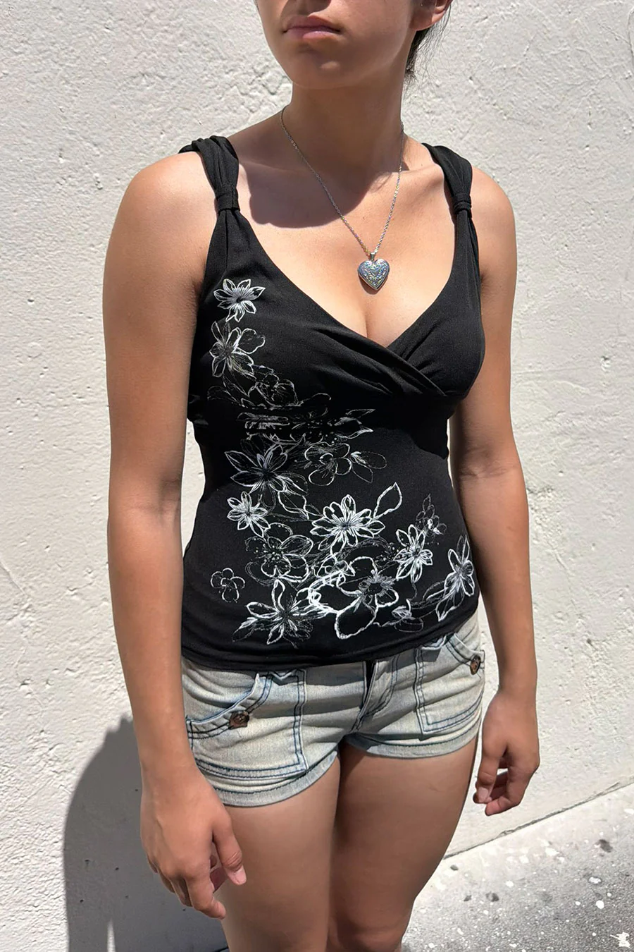 2000s Vintage Floral Print Sleeveless Surplice Tank Top with Waist Tie