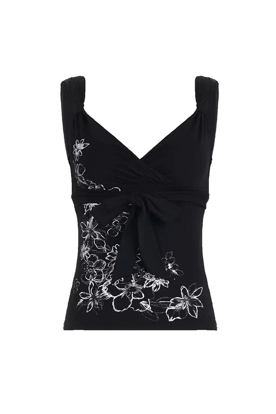 2000s Vintage Floral Print Sleeveless Surplice Tank Top with Waist Tie - Image 6