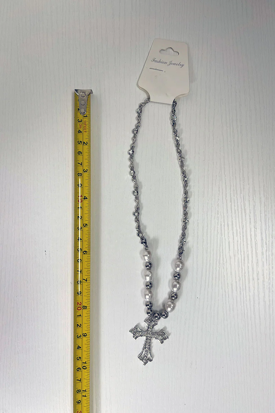 2000s Vintage Pearl Rhine Stone Cross Necklace - Image 4