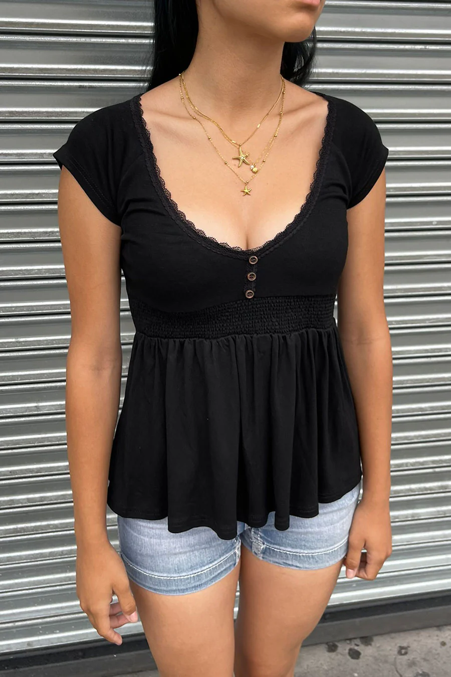 2000s Vintage Plunging Neck Babydoll Short Sleeve Top - Image 6