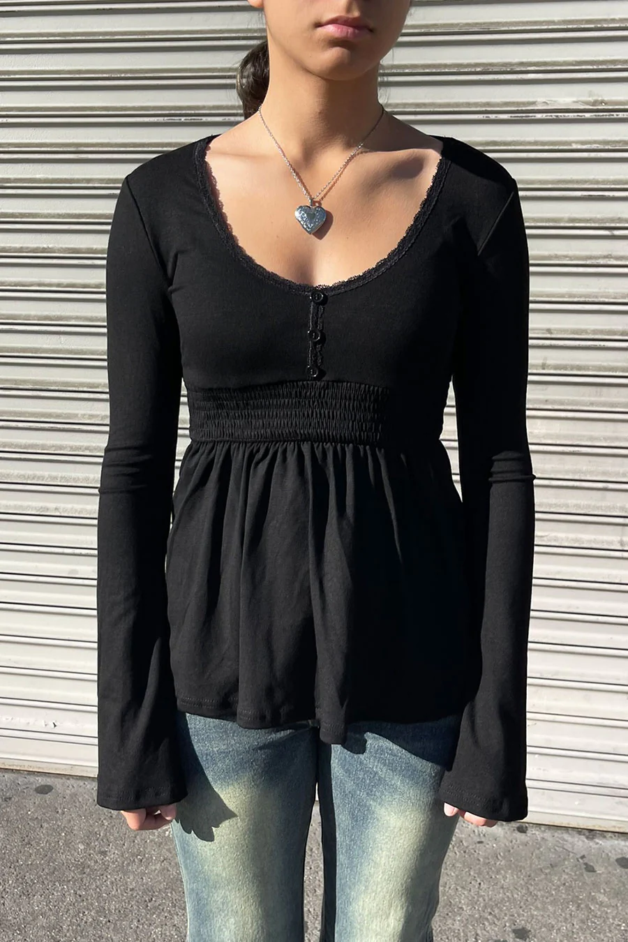 2000s Vintage Plunging Neck Smocked Babydoll Long Sleeve Top