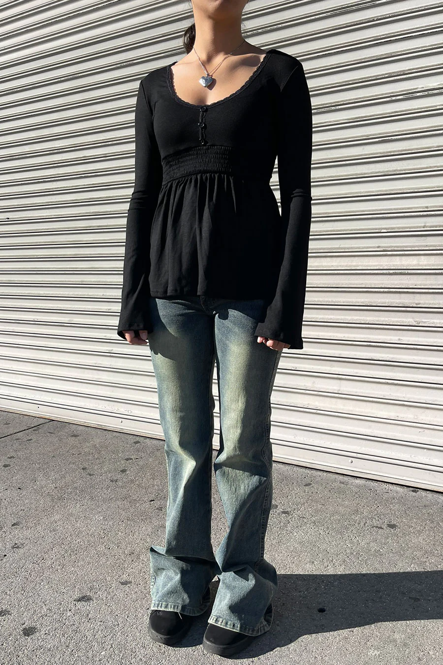 2000s Vintage Plunging Neck Smocked Babydoll Long Sleeve Top - Image 2