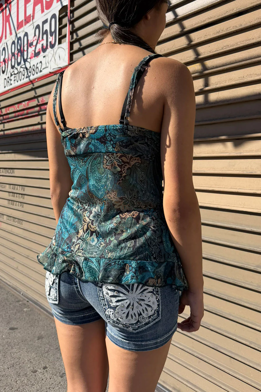 2000s Vintage Print Mesh V-Neck Layered Cami Top with Front Bow Tie - Image 2