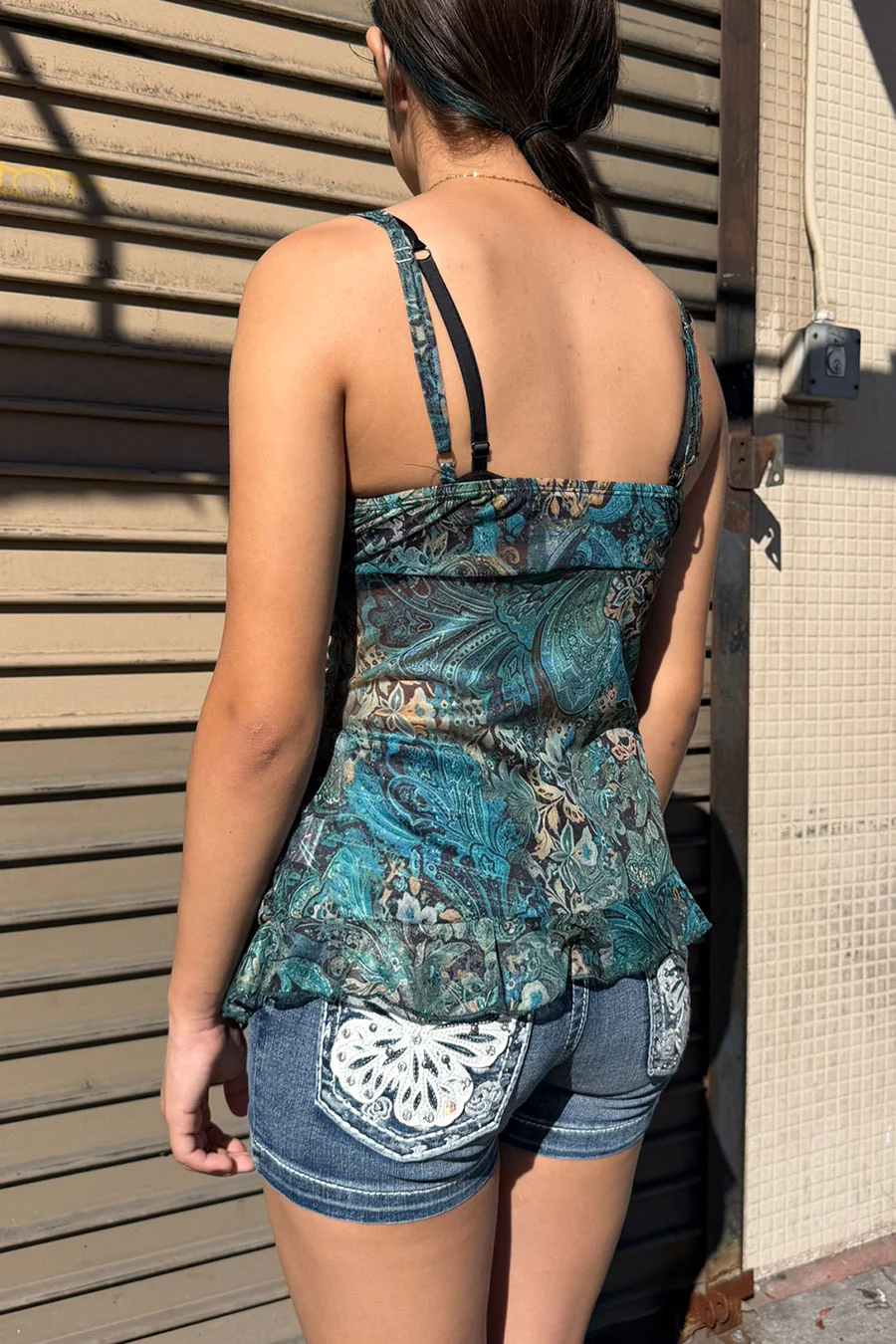 2000s Vintage Print Mesh V-Neck Layered Cami Top with Front Bow Tie - Image 4