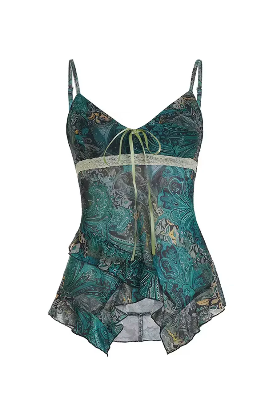 2000s Vintage Print Mesh V-Neck Layered Cami Top with Front Bow Tie - Image 6