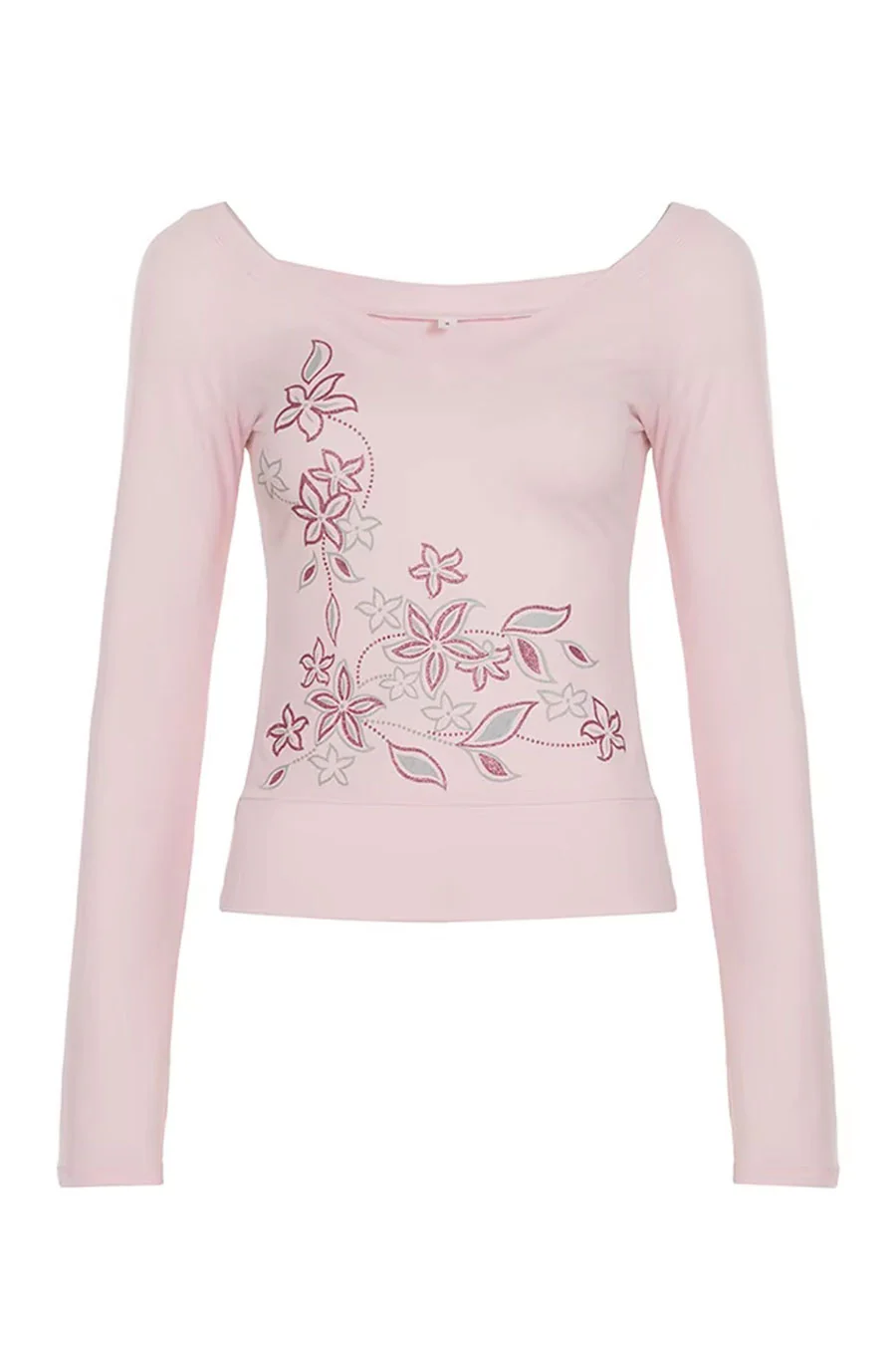 2000s Vintage Sparkly Floral Print Wide V-Neck Long Sleeve Crop Top - Image 6