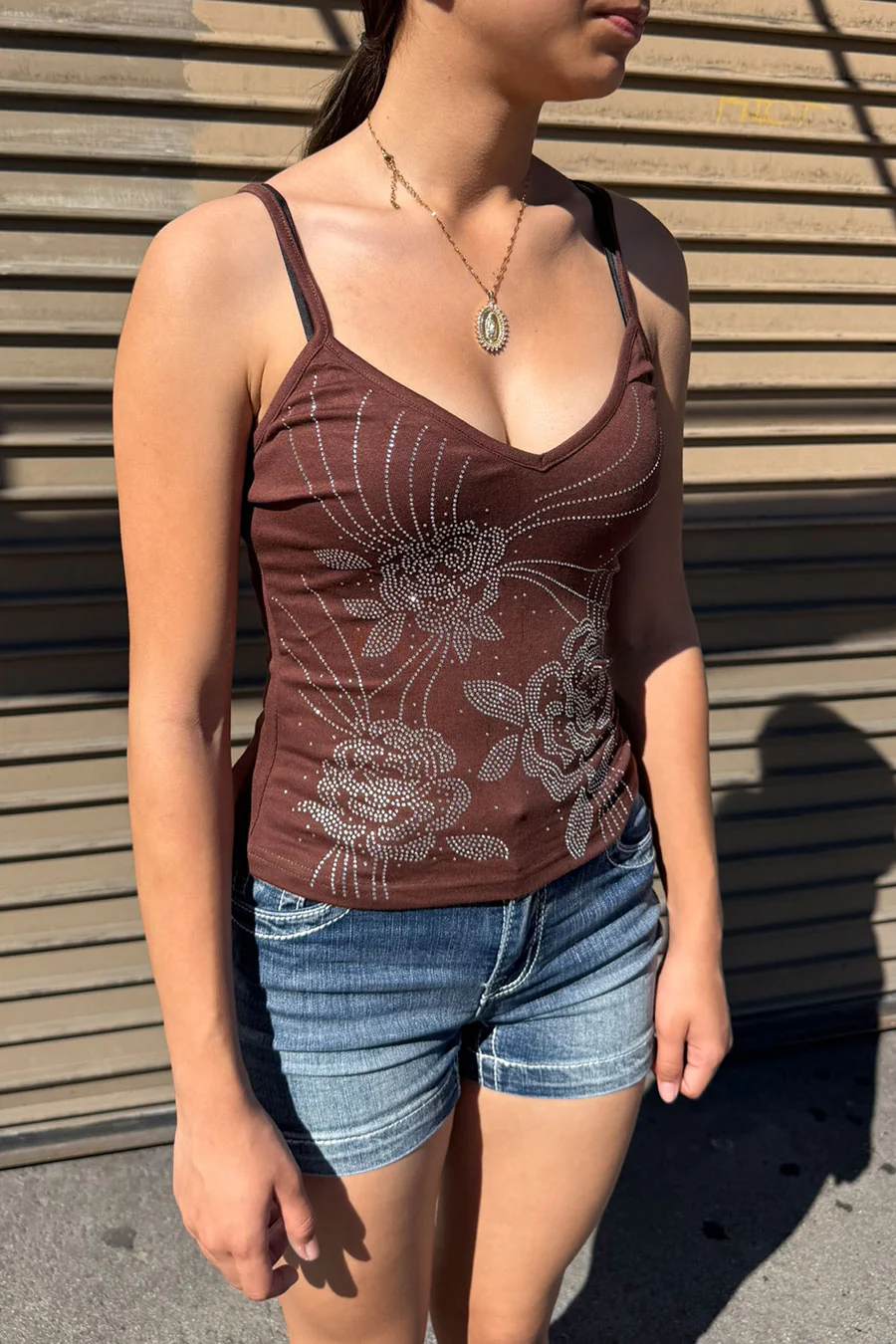 2000s Vintage Style Floral Rhinestone Print Bedazzled Cami Tank Top - Image 2