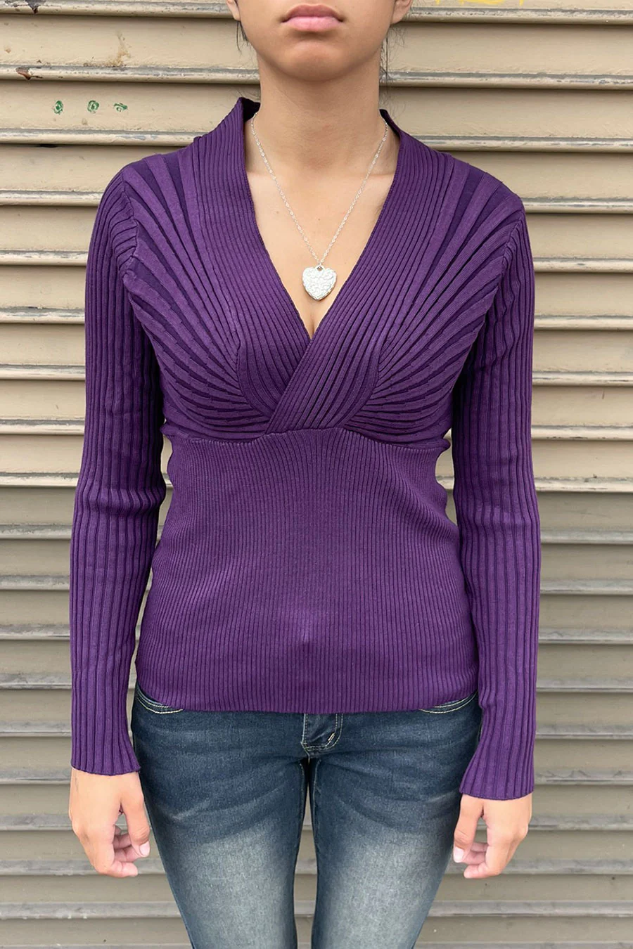 2000s Vintage Style Long Sleeve Surplice Rib Sweater Top - Image 3