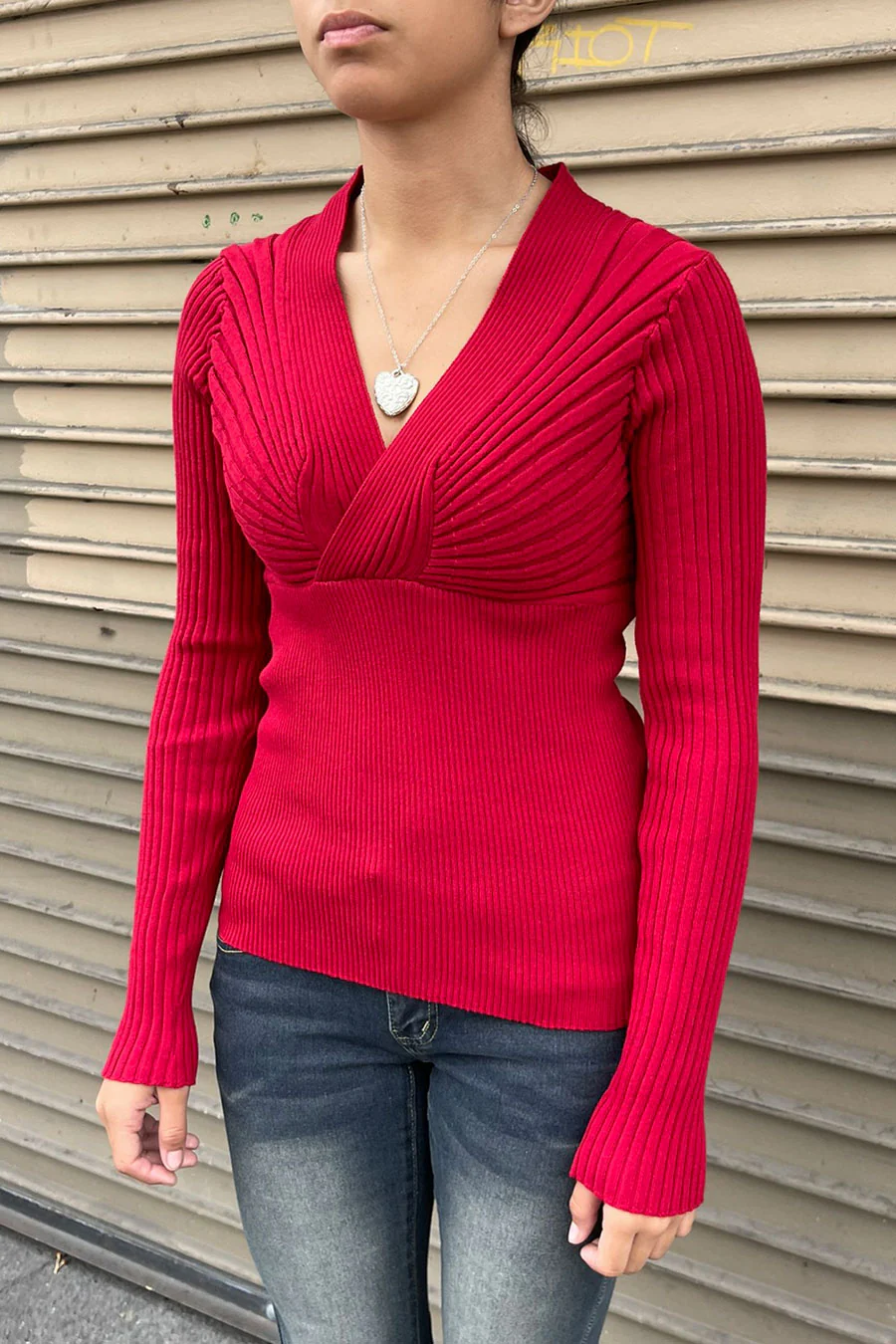 2000s Vintage Style Long Sleeve Surplice Rib Sweater Top - Image 6