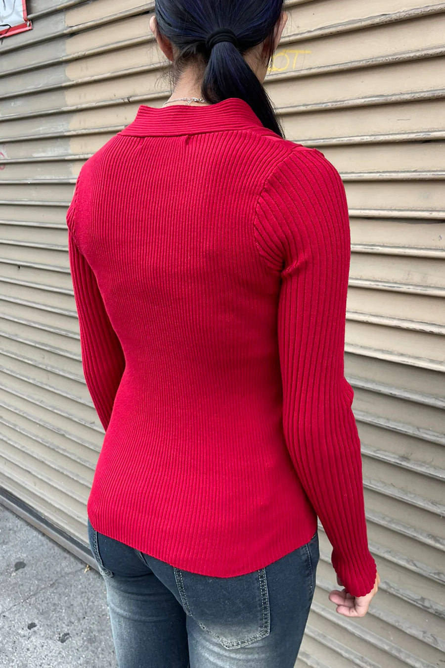 2000s Vintage Style Long Sleeve Surplice Rib Sweater Top - Image 7