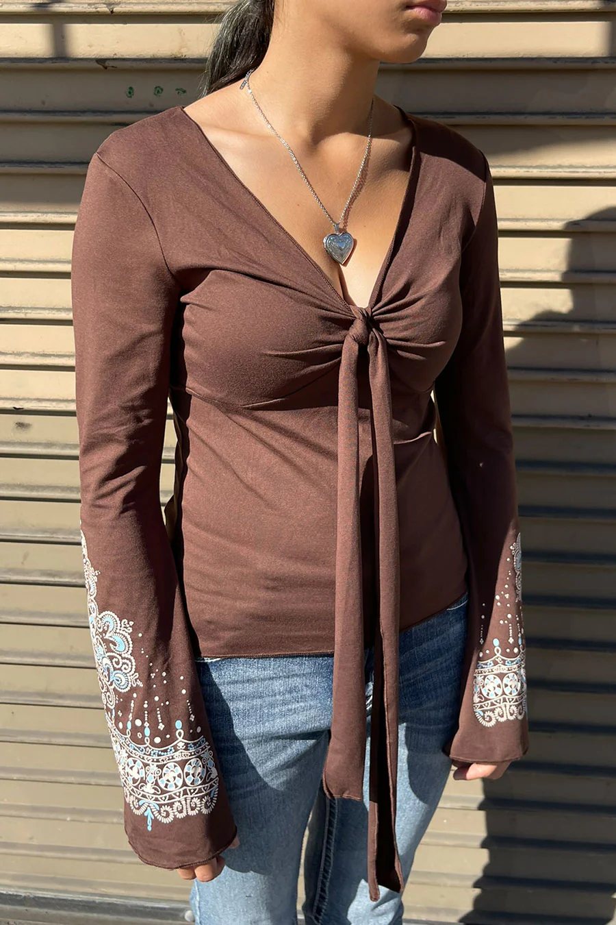 2000s Vintage Style Print Deep V-Neck Bell Sleeve Top with Front Tie