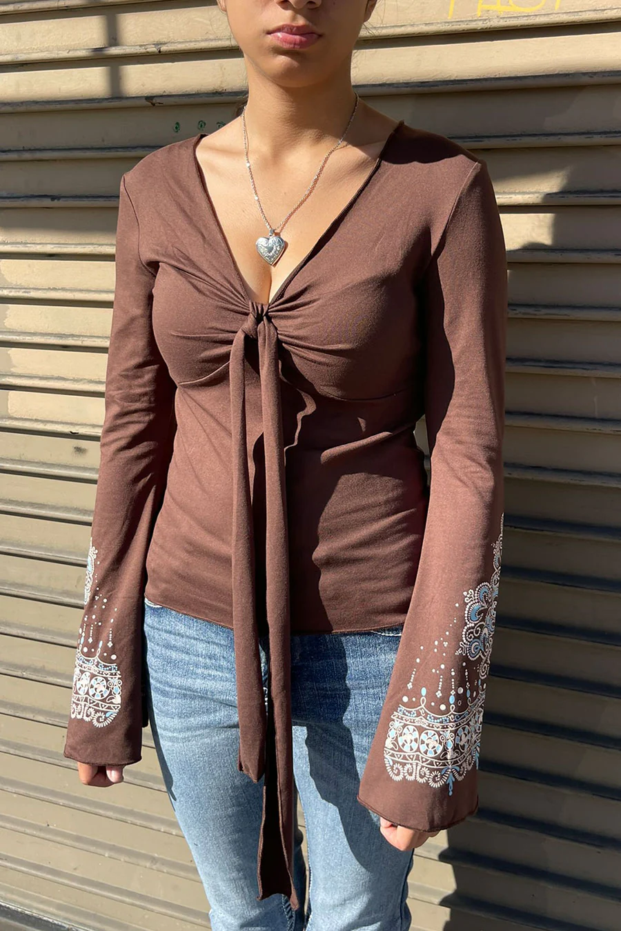 2000s Vintage Style Print Deep V-Neck Bell Sleeve Top with Front Tie - Image 2