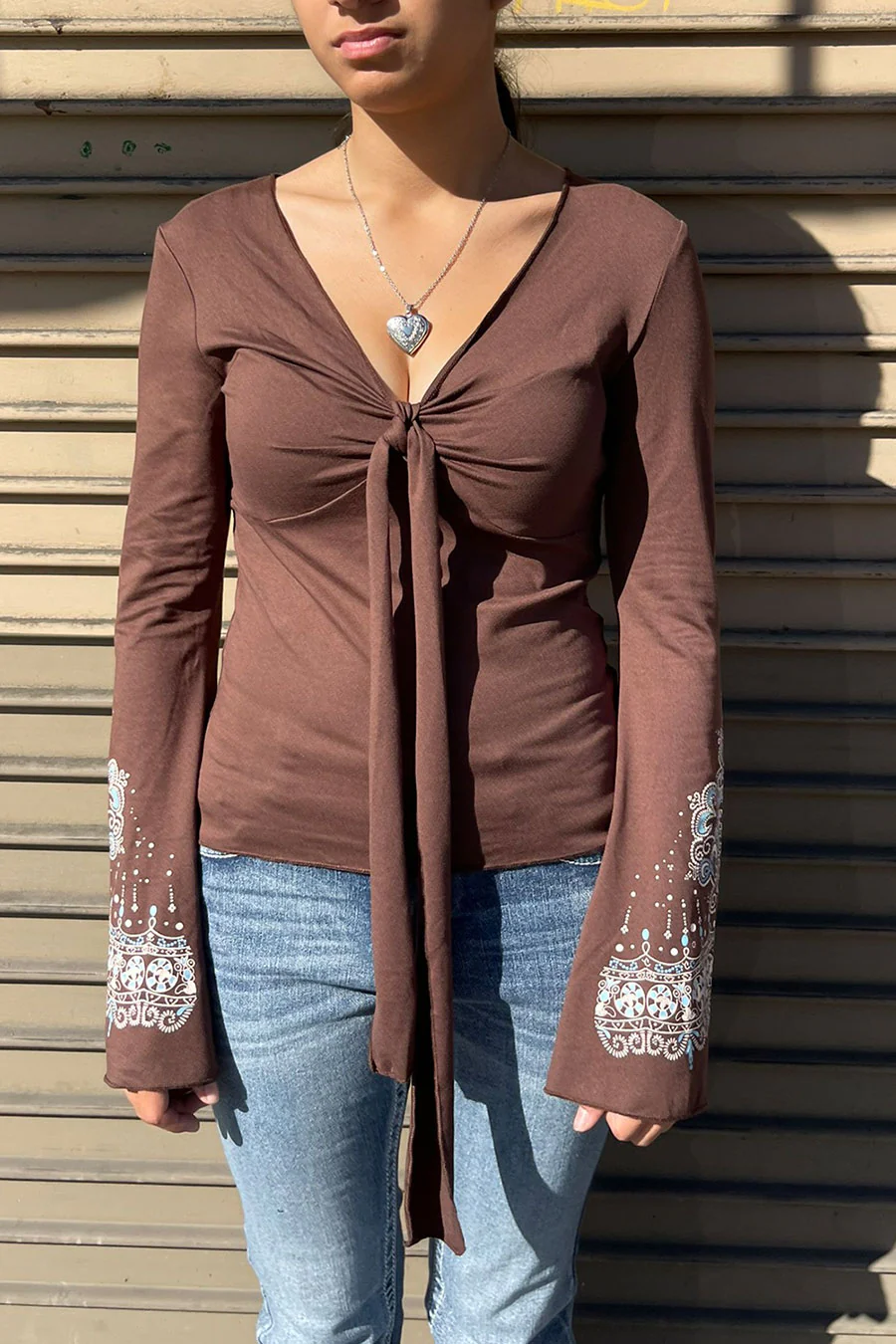 2000s Vintage Style Print Deep V-Neck Bell Sleeve Top with Front Tie - Image 4