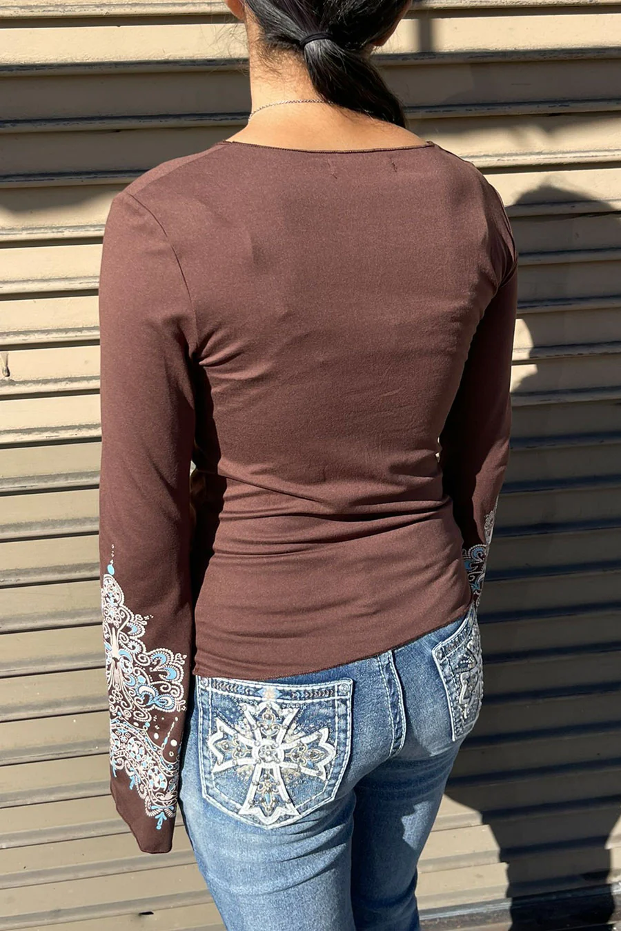 2000s Vintage Style Print Deep V-Neck Bell Sleeve Top with Front Tie - Image 5