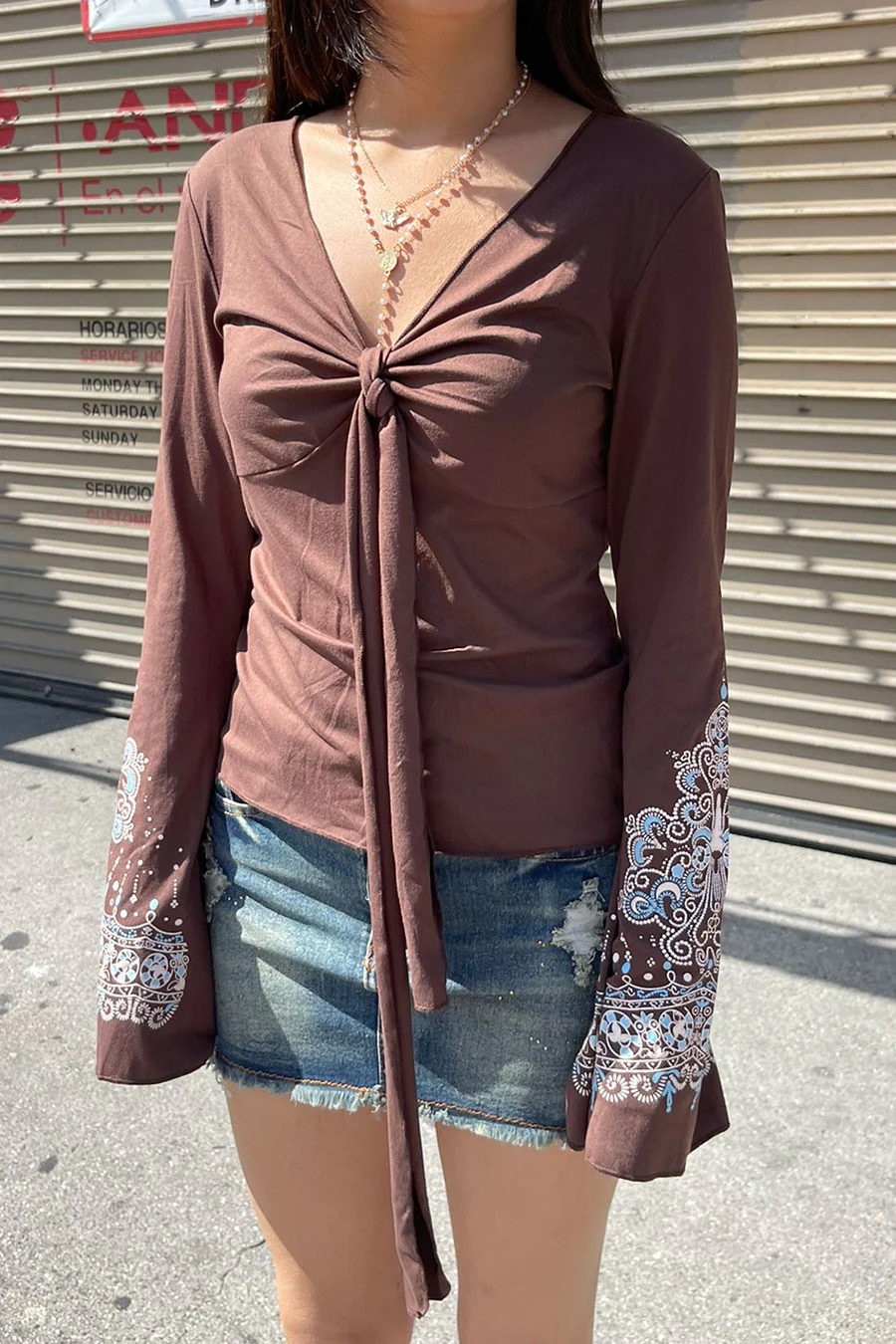 2000s Vintage Style Print Deep V-Neck Bell Sleeve Top with Front Tie - Image 6