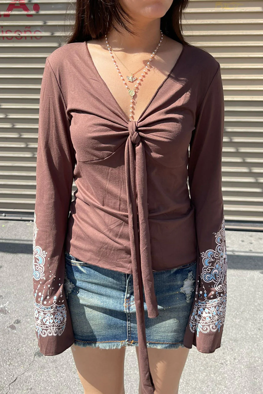 2000s Vintage Style Print Deep V-Neck Bell Sleeve Top with Front Tie - Image 8