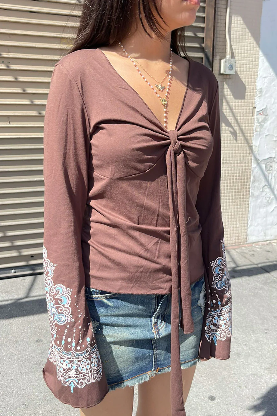 2000s Vintage Style Print Deep V-Neck Bell Sleeve Top with Front Tie - Image 9