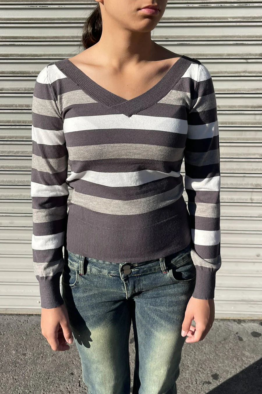 2000s Vintage Style Striped Long Sleeve V-Neck Crop Sweater