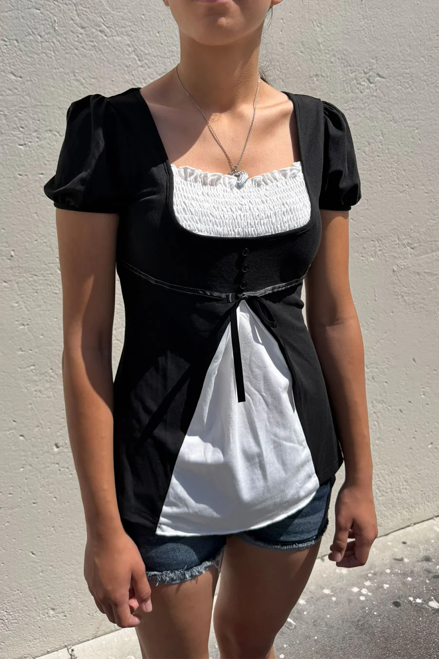2000s Y2K Fairy Grunge Vintage Style Puff Sleeve Contrast Layered Bow Blouse Top - Image 3