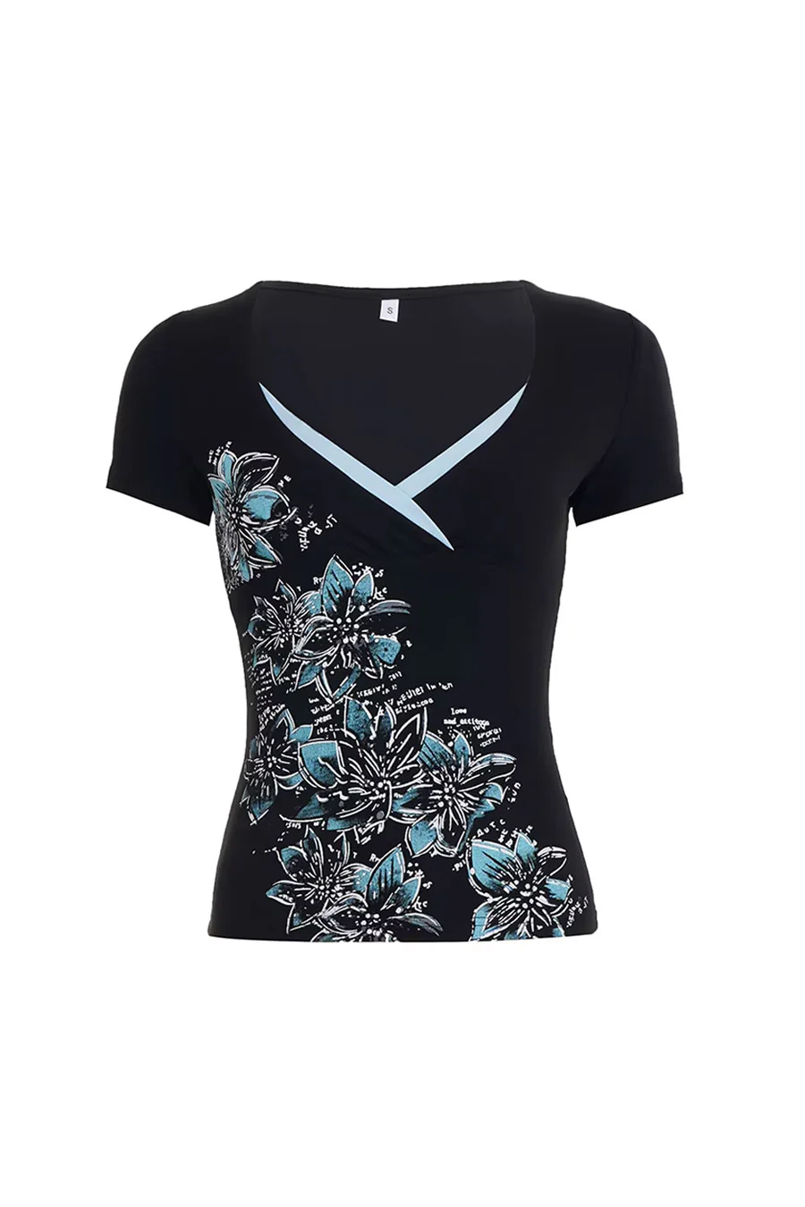 2000s Y2K Floral Print Teal/Black Contrast V-Neck Short Sleeve Top - Image 4