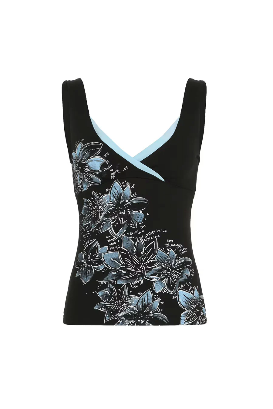 2000s Y2K Floral Print Teal/Black Contrast V-Neck Sleeveless Top - Image 5