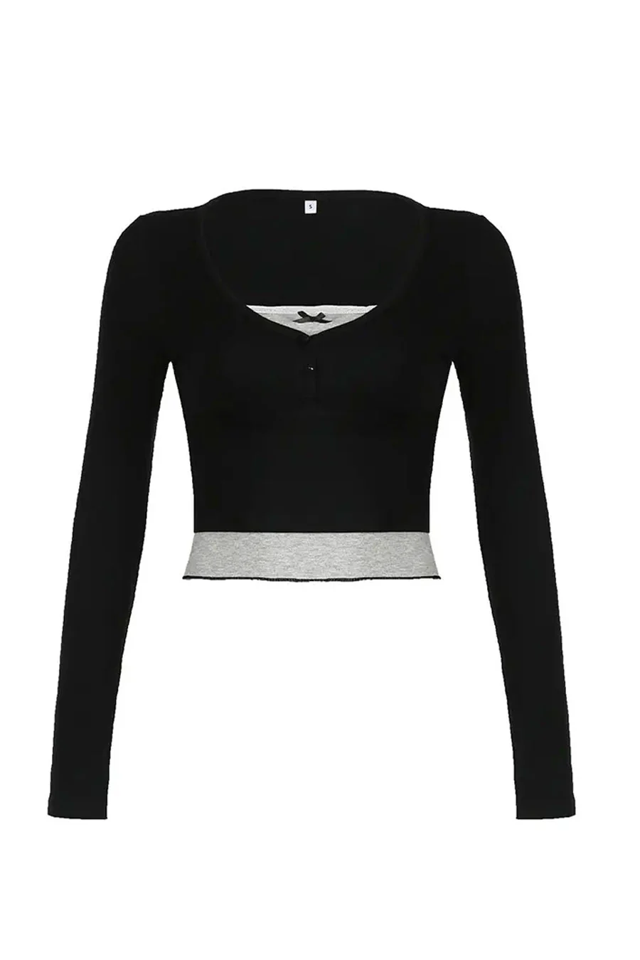 Acubi Style Contrast Layered Button-Front Bow Long Sleeve Top - Image 4