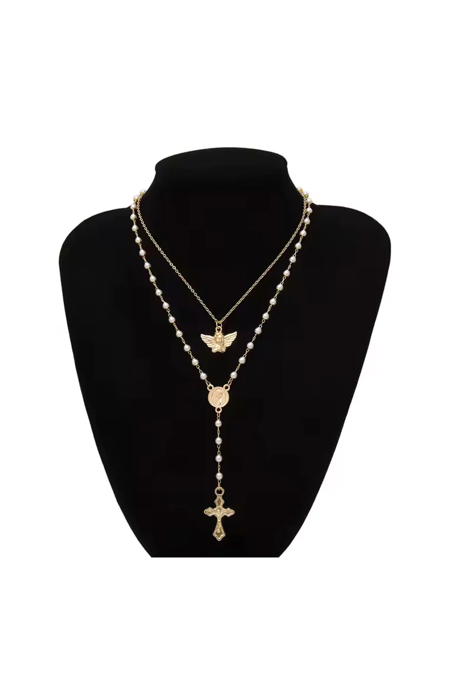AHS Streetwear Dual Pendant Rosary Faux Pearl/Gold Necklace - Image 3