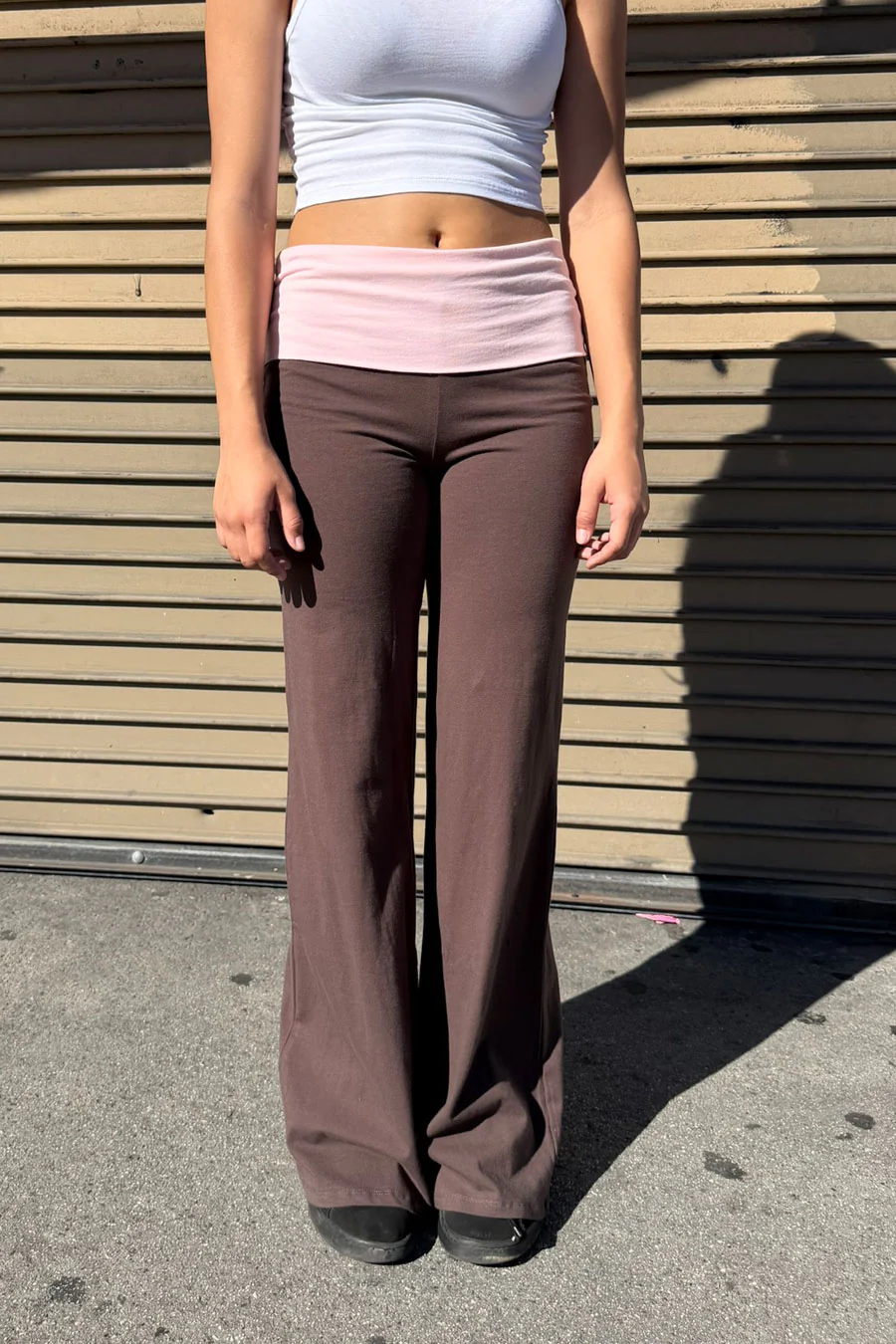 Basic Contrasting Color Folded Waist Yoga Pants