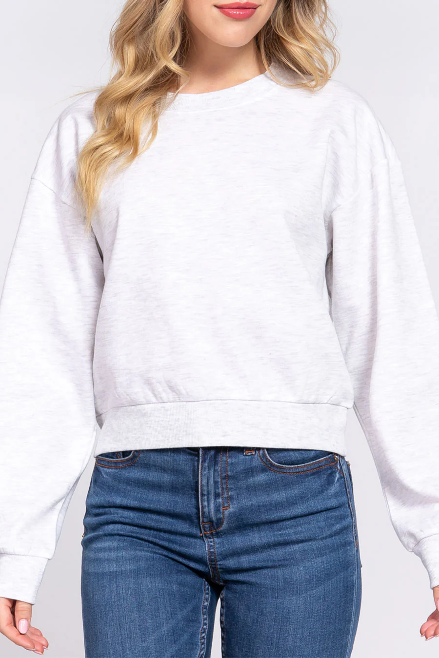 Basic Fleece French Terry Long Sleeve Round Neck Crop Sweatshirt - Image 10