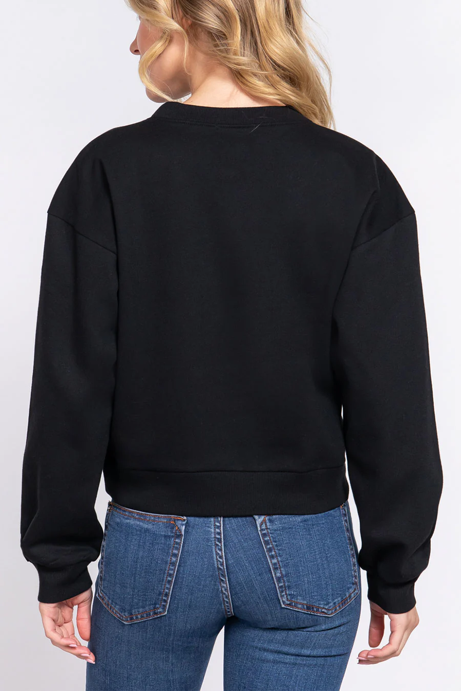 Basic Fleece French Terry Long Sleeve Round Neck Crop Sweatshirt - Image 3