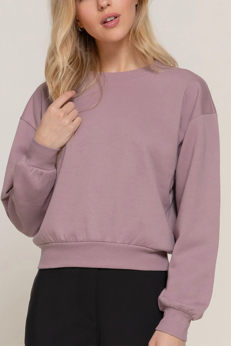Basic Fleece French Terry Long Sleeve Round Neck Crop Sweatshirt - Image 5