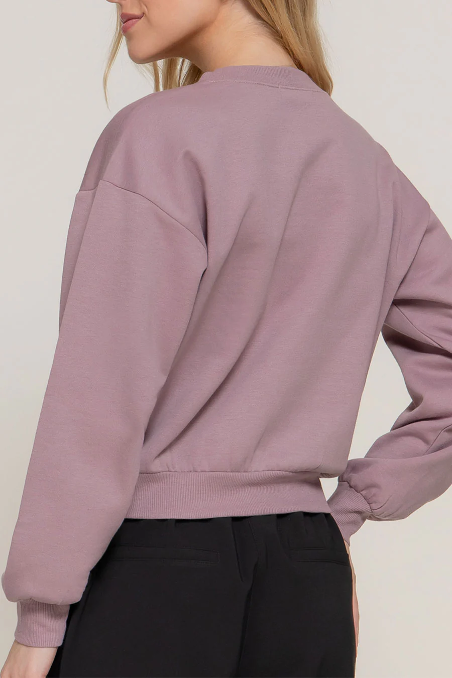 Basic Fleece French Terry Long Sleeve Round Neck Crop Sweatshirt - Image 6