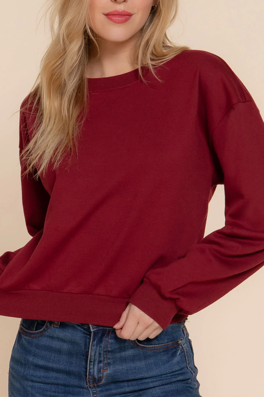 Basic Fleece French Terry Long Sleeve Round Neck Crop Sweatshirt - Image 7
