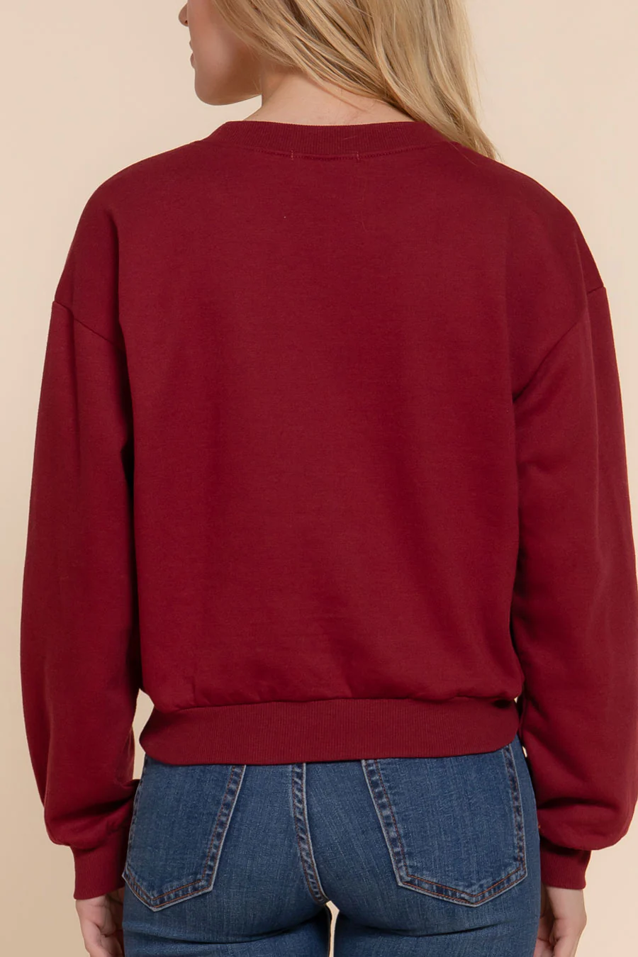Basic Fleece French Terry Long Sleeve Round Neck Crop Sweatshirt - Image 8
