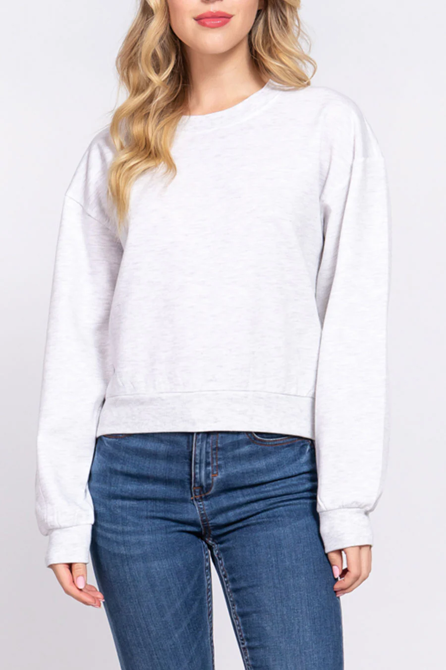 Basic Fleece French Terry Long Sleeve Round Neck Crop Sweatshirt - Image 9