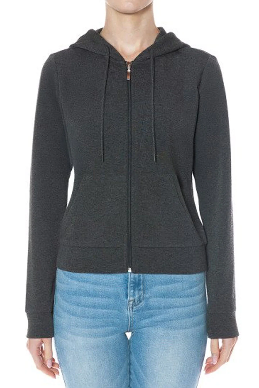 Basic Fleece Zip Up Long Sleeve Hoodie Jacket with Kangaroo Pocket - Image 4