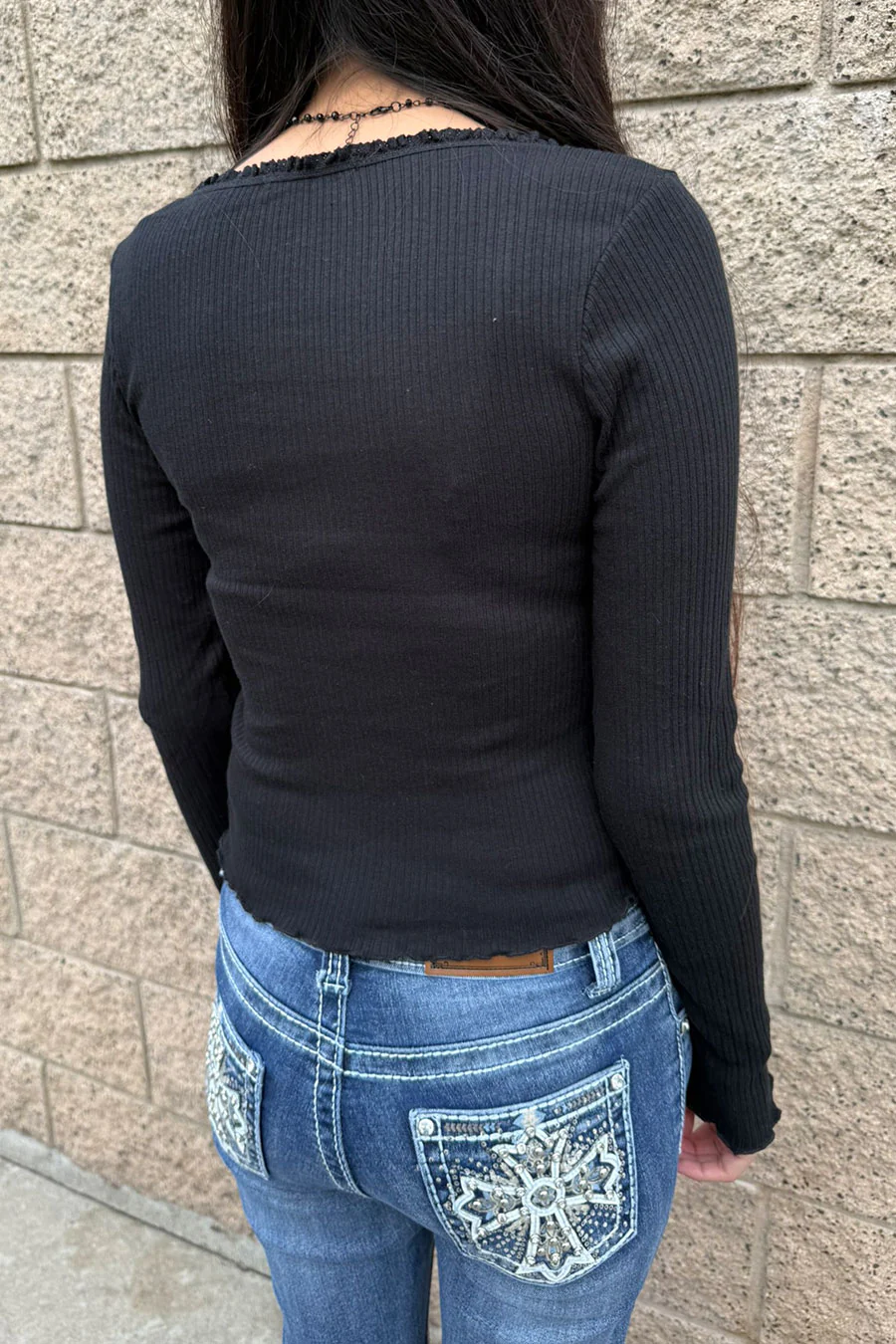 Basic Lettuce Edge Crew Neck Long Sleeve Rib Top - Image 3