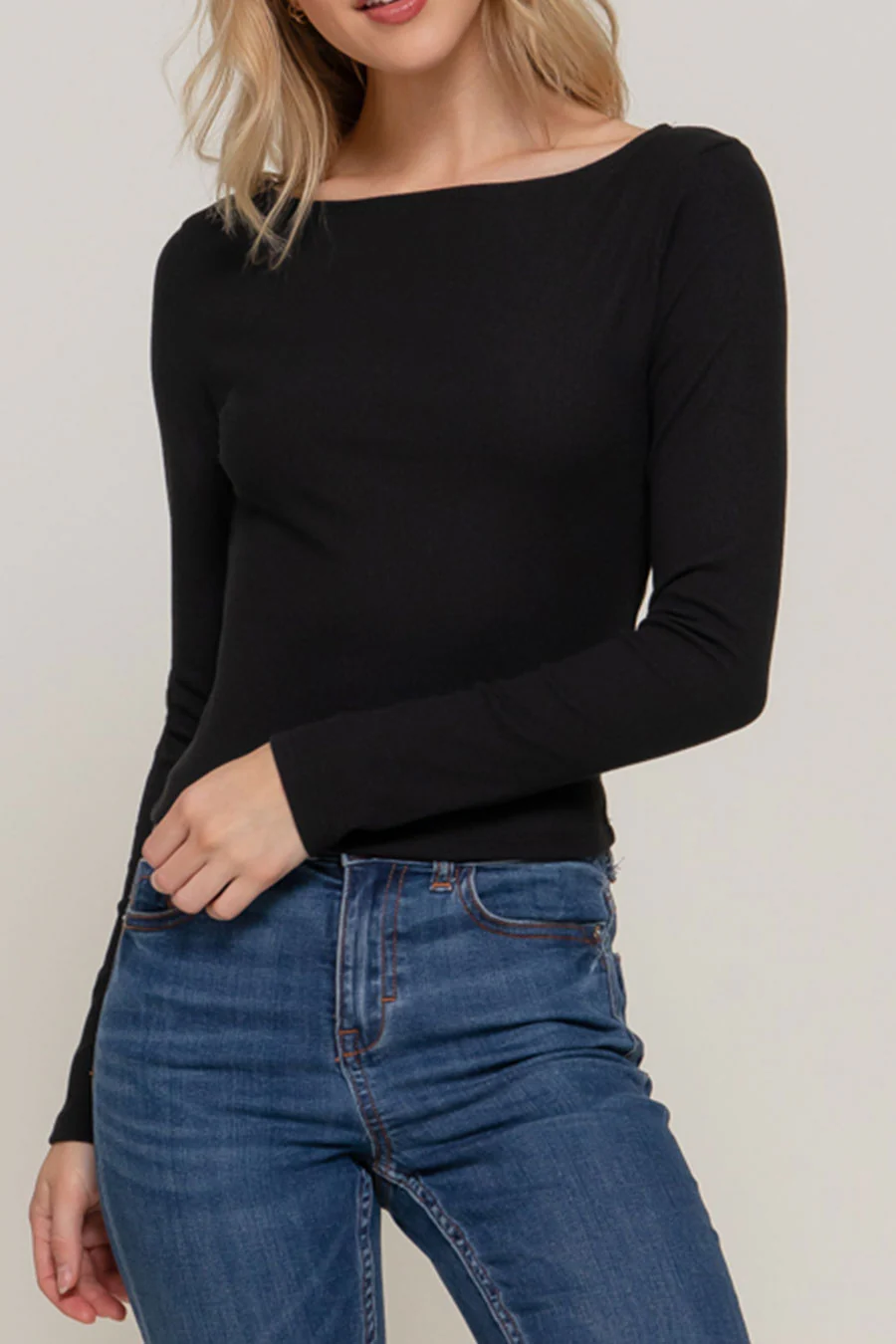 Basic Long Sleeve Boat Neck Brushed Rib Knit Top - Image 5