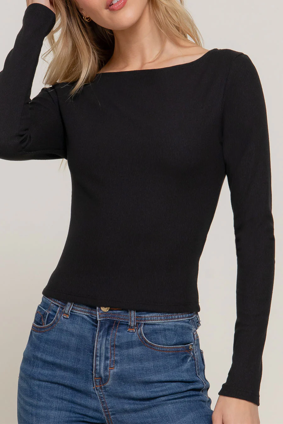 Basic Long Sleeve Boat Neck Brushed Rib Knit Top - Image 8