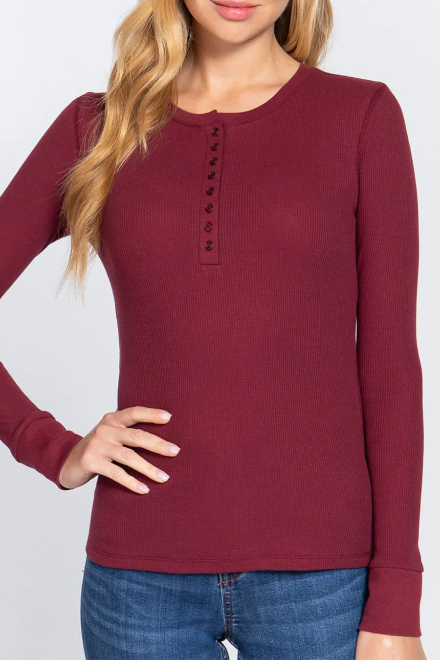 Basic Long Sleeve Henley Thermal Top - Image 3