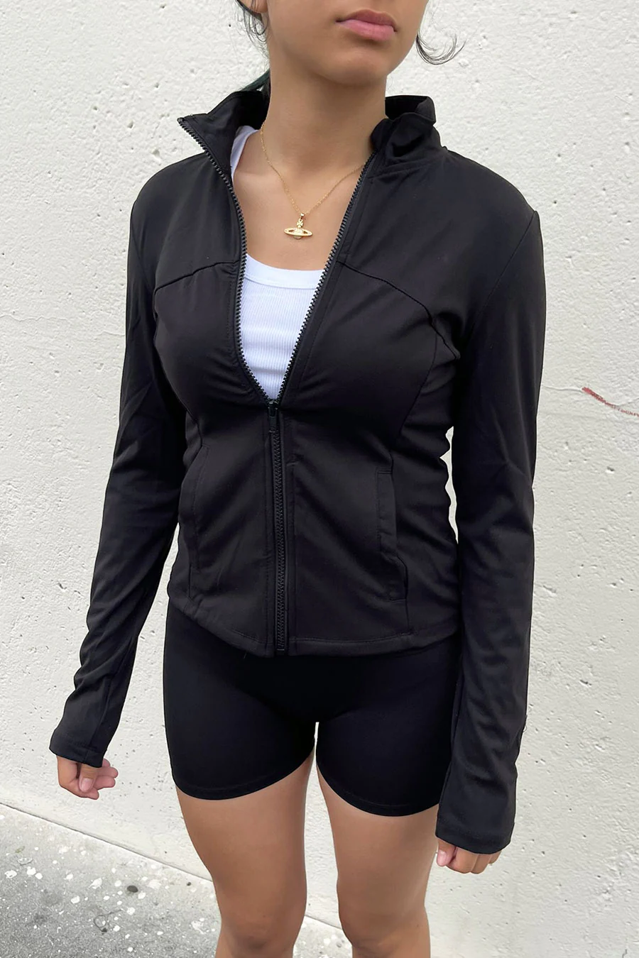 Basic Long Sleeve Mock Neck Zip Front Activewear Jacket - Image 3