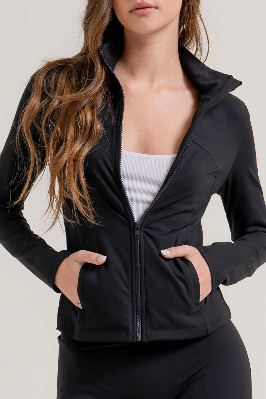 Basic Long Sleeve Mock Neck Zip Front Activewear Jacket - Image 7