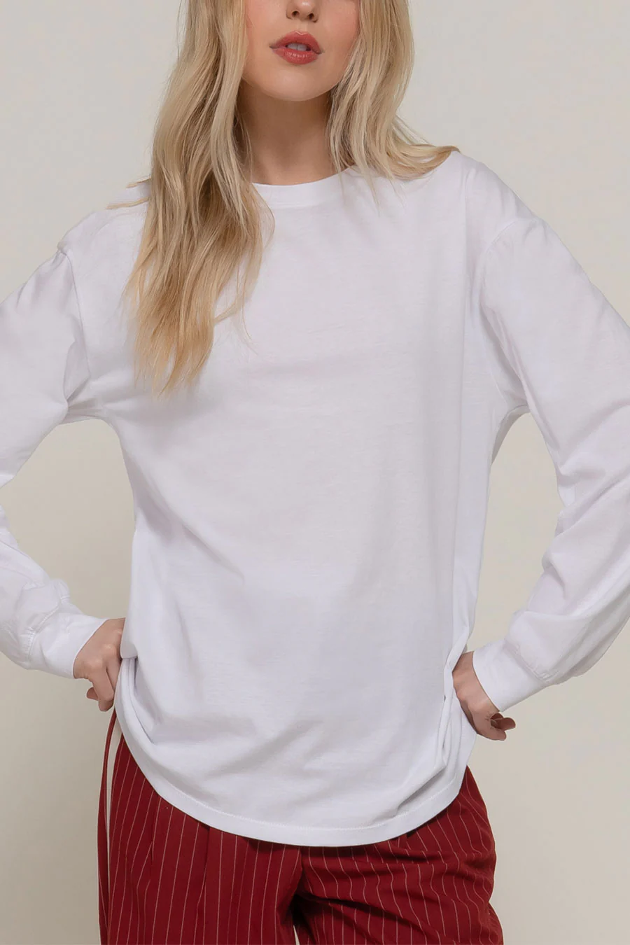 Basic Long Sleeve Round Neck Oversized Cotton Tee - Image 5