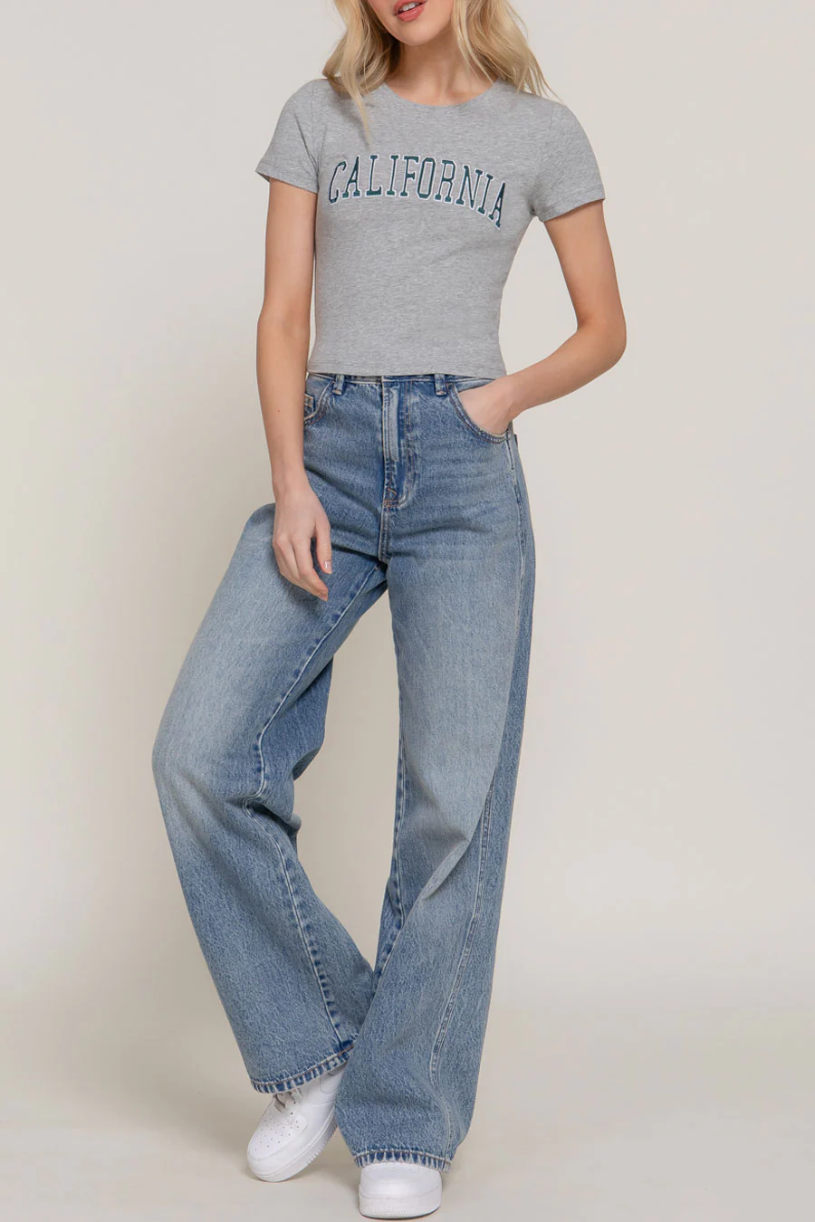 Basic Short Sleeve California Embroidered Knit Crop T-Shirt - Image 2